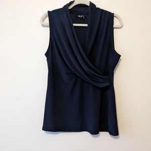 DKNY Sleeveless Faux Wrap Top Navy Blue Women's Large
